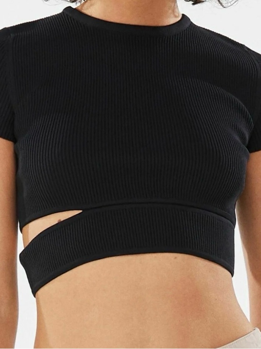 Bershka Black Ribbed Cutout Crop Top S